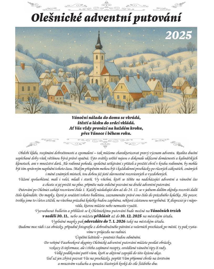 Město Olešnice Vás zve k zapojení se do Olešnického adventního putování.