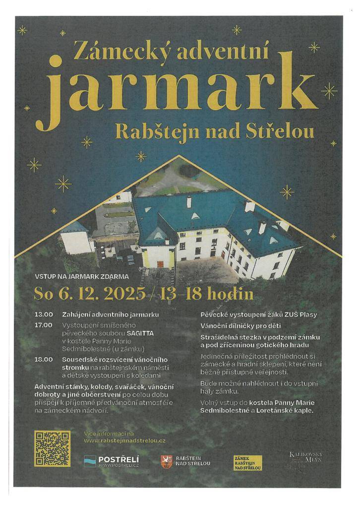 V Rabštejně nad Střelou se v sobotu 6. prosince 2025 koná adventní jarmark v čase od 13 do 18 hodi