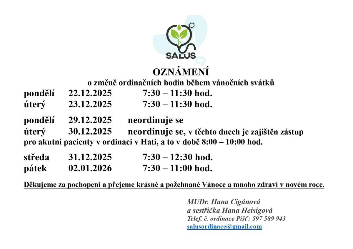 Oznámení praktického lékaře - ordinační doba během vánočních svátků