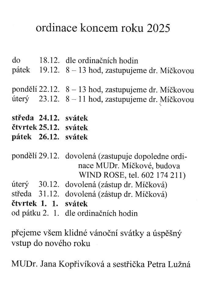 Ordinační hodiny během vánočních svátku v roce 2025