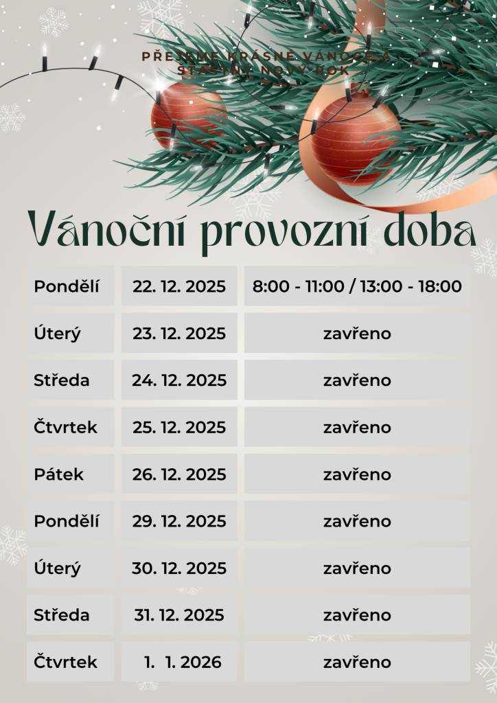 Vážení čtenáři,  s blížícími se vánočními svátky bychom vás rádi informovali o upravené provozní době naší knihovny.