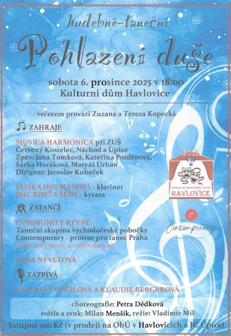 Vážení spoluobčané, již zítra se můžete přijít podívat na krásné představení Pohlazení duše, které se uskuteční od 18:00 hodin. Vstupné si můžete zakoupit přímo na místě.