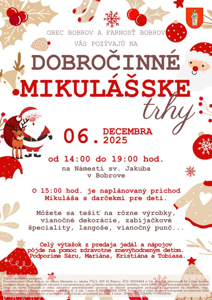 Obec Bobrov a Farnosť Bobrov Vás pozývajú na Mikulášske trhy, ktoré sa uskutočnia 6.12.2025 na Námestí sv. Jakuba.