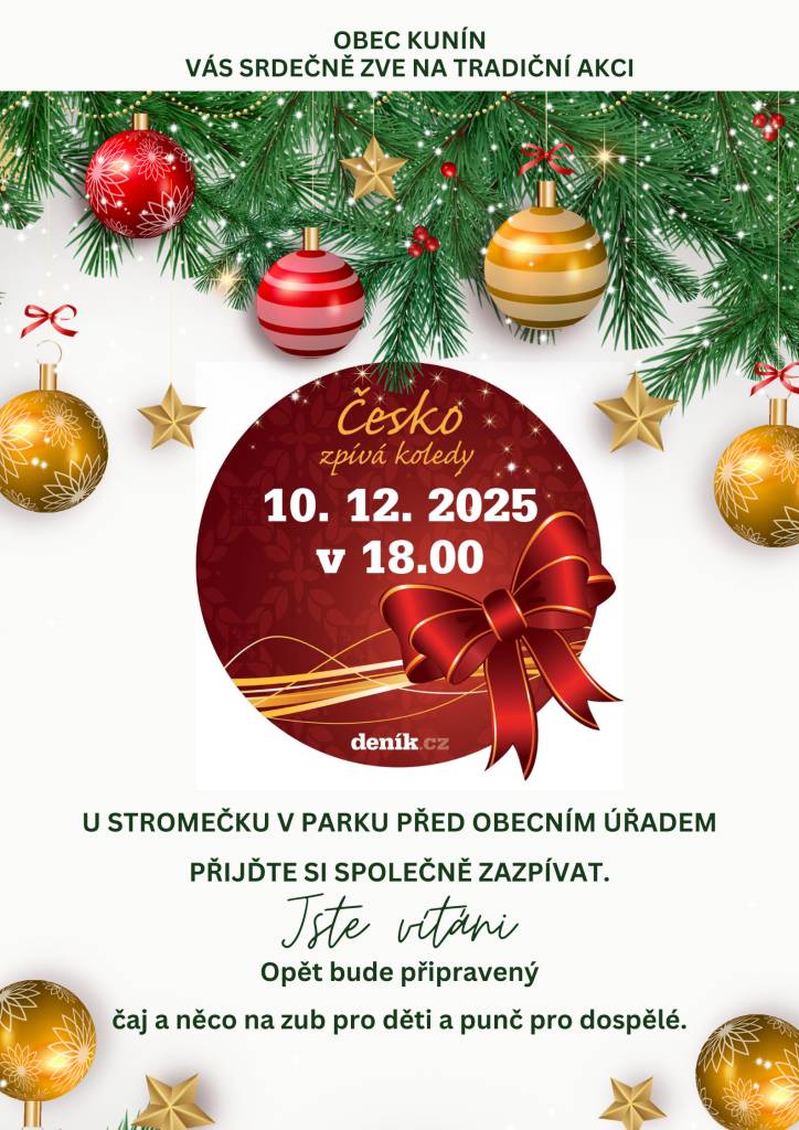 Kdy: středa 10.12.2025 v 18:00 hodin  Kde: u stromečku v parku před obecním úřadem  Přijďte si společně zazpívat.  Pro děti bude připravený čaj a něco na zub a pro  dospělé punč. Těšíme se na vás!