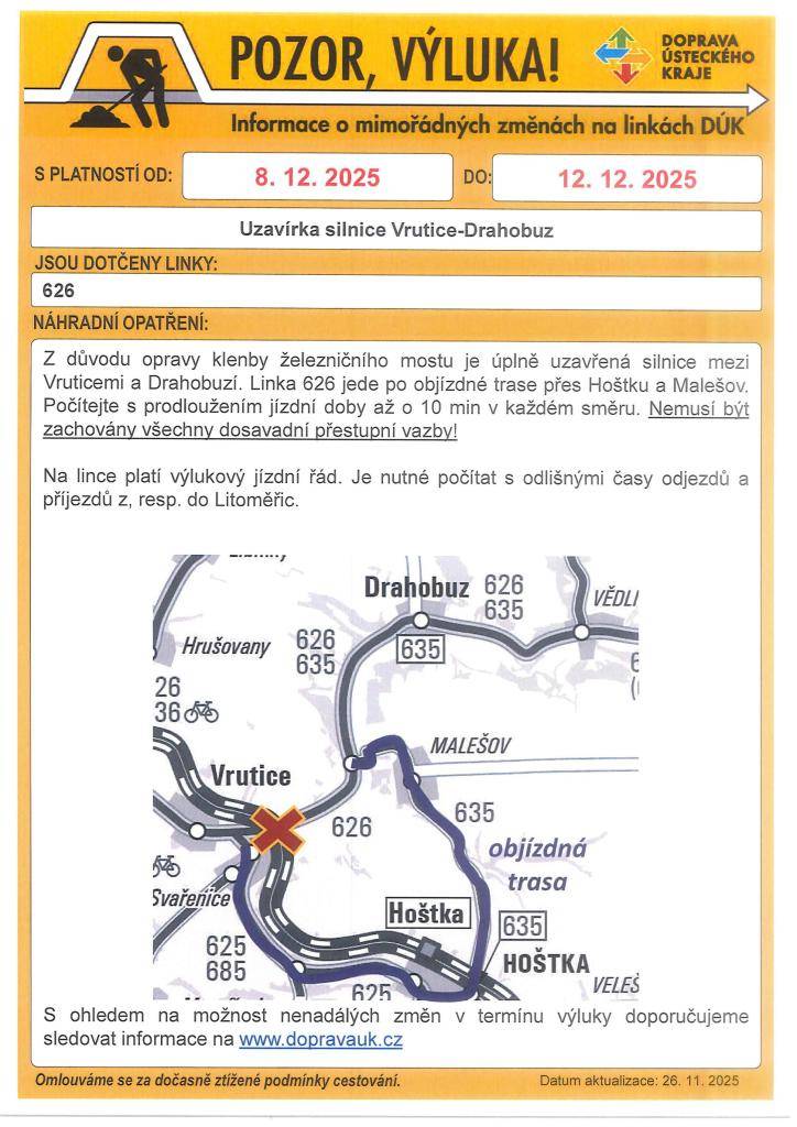 Úplná uzavírka II/269 mezi Vruticemi a Drahobuzí z důvodu opravy klenby železničního mostu, která proběhne od 8.12. do 12.12.2025.
