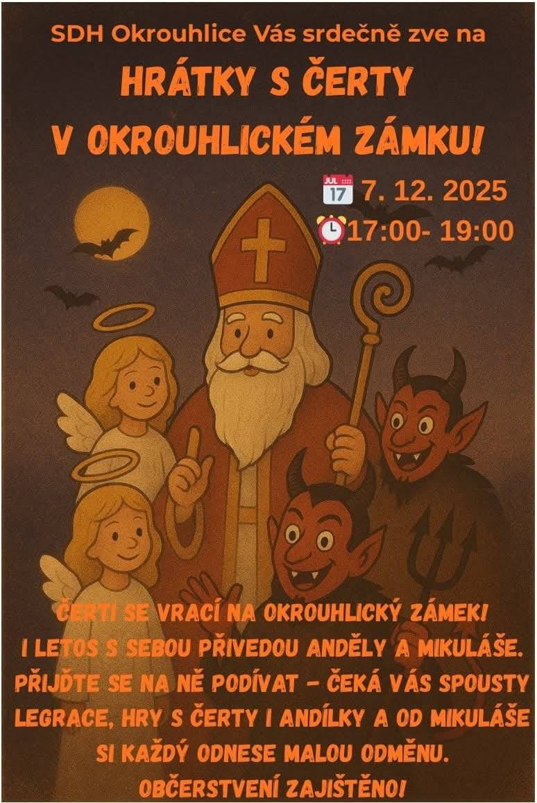 SDH Okroulice se Vás srdečně zve na HRÁTKY S ČERTY V OKROUHLICKÉM ZÁMKU.  v neděli 7.12.2025 od 17:00 do 19:00