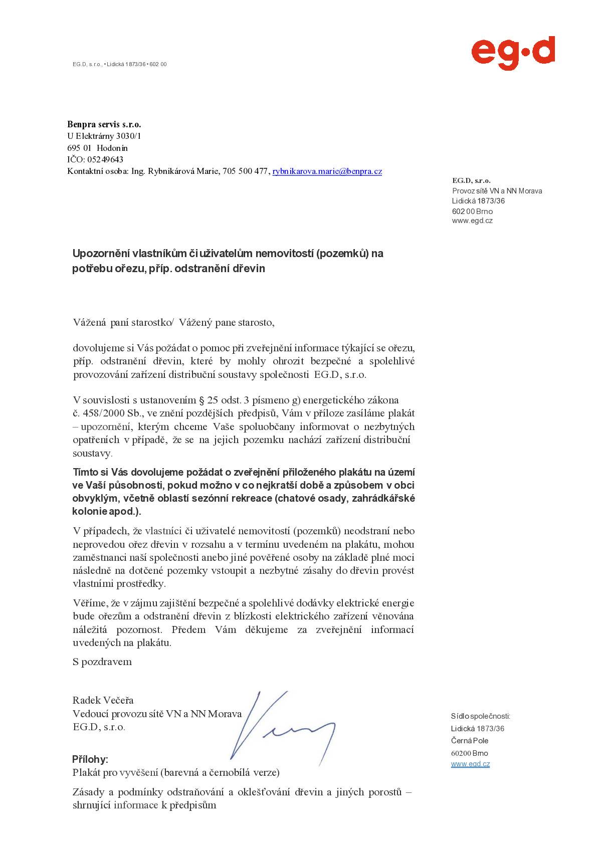 Společnost EG-D upozorňuje vlasníky pozemků/nemovitostí,  na potřebu ořezu, příp. odstranění dřevin.