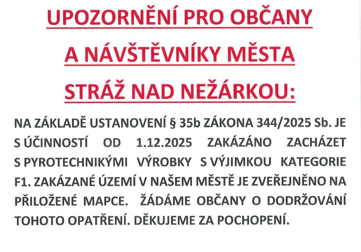 Od 1. prosince 2025 platí nové zákonné omezení používání pyrotechniky a vztahuje se téměř celé město.  Podle § 35b zákona 344/2025 Sb. je zakázáno odpalovat většinu pyrotechniky v blízkosti zdravotnických a sociálních zařízení, útulků, chovů zvířat a dalších citlivých míst