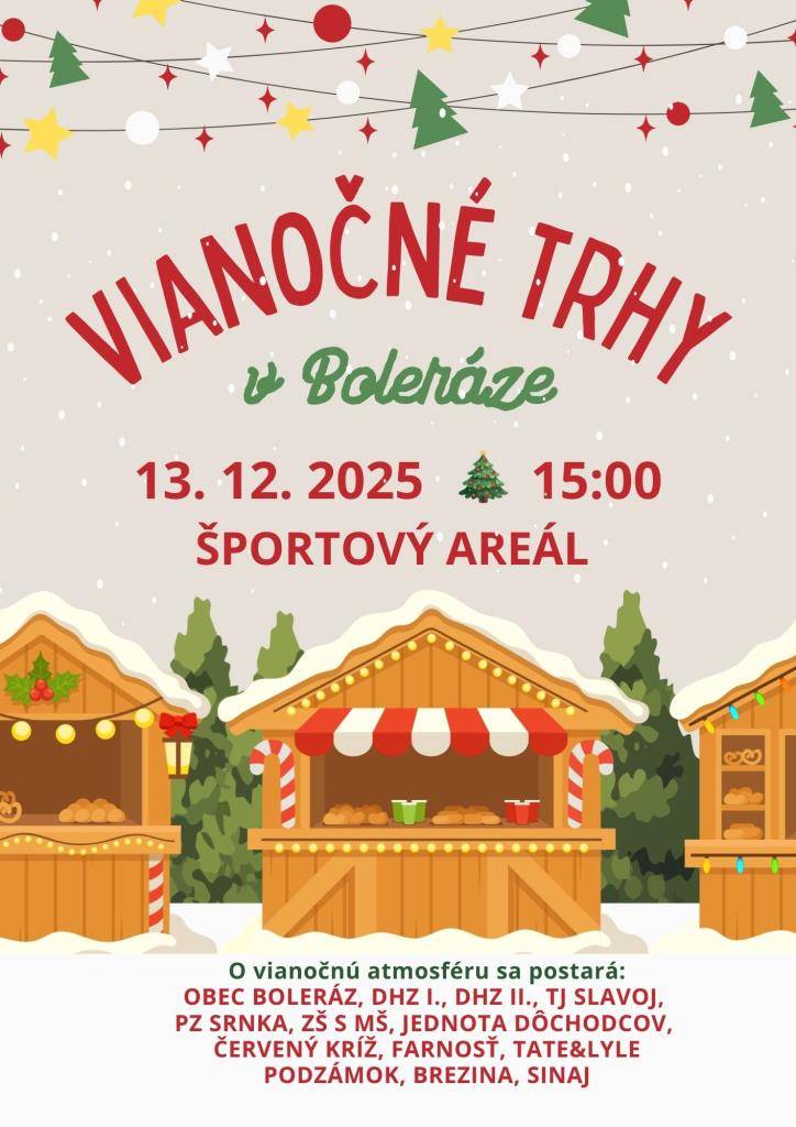 Srdečne Vás pozývame v sobotu 13. decembra na naše Vianočné trhy do areálu ihriska. Môžete sa tešiť na tradičné aj netradičné dobroty a na sprievodný program. Naše vianočné trhy sa budú niesť v charitatívnom duchu a s vyzbieranými peniazmi opäť podporíme rodiny v našej obci, ktoré to potrebujú.