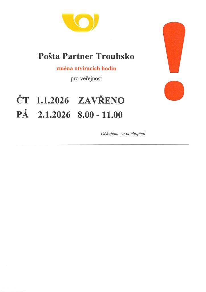 Změna otevírací doby - Pošta Troubsko