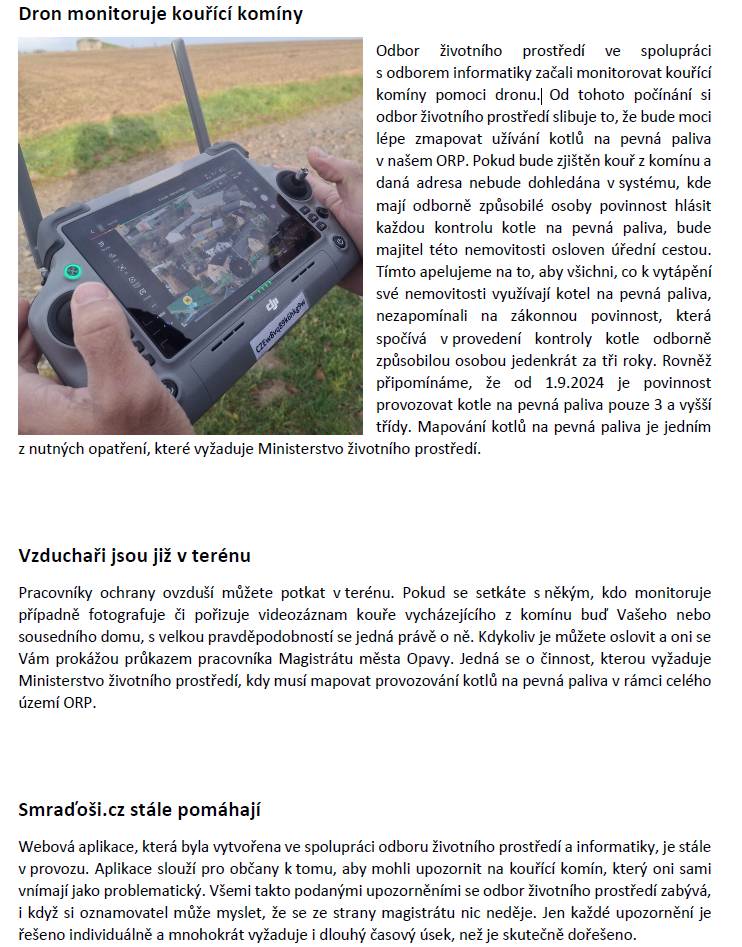 Odbor životního prostředí ve spolupráci s odborem informatiky začali monitorovat kouřící komíny pomoci dronu.