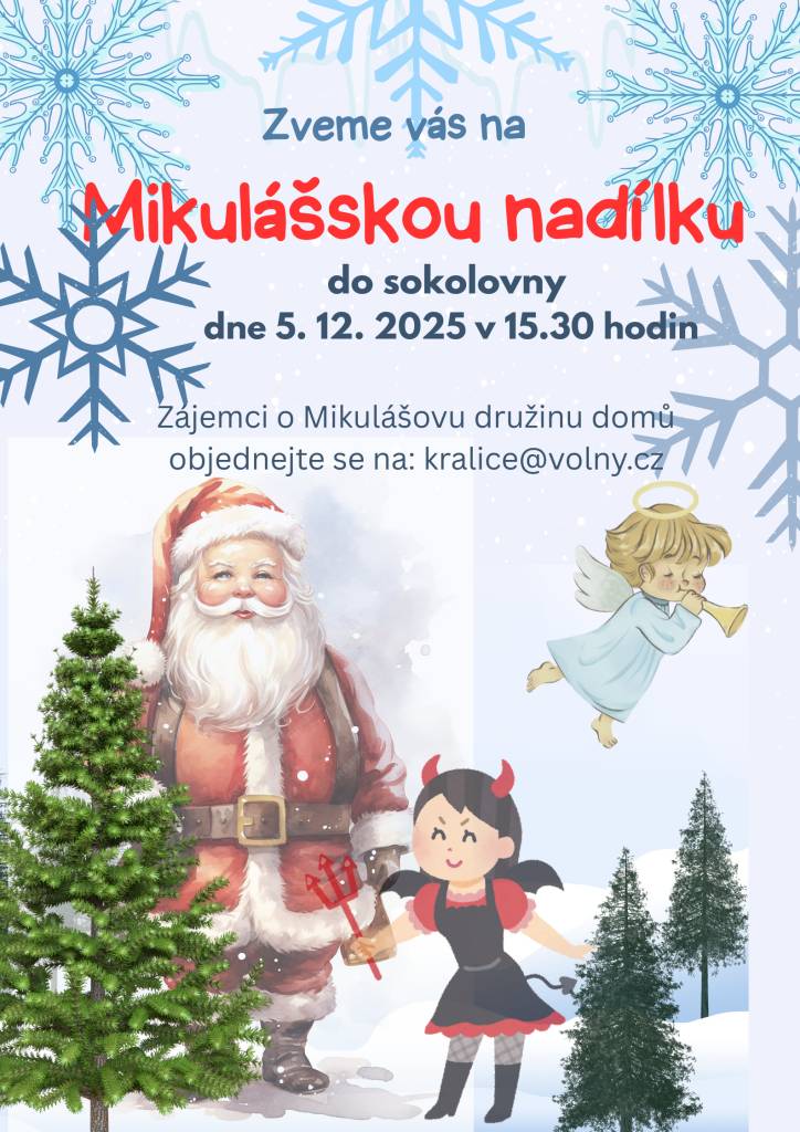 Žádáme občany, kteří mají zájem o návštěvu Mikuláše doma, aby se přihlásili do pátku 5.12.2025 do 11:00 hod. na obecním úřadě – telefonicky na čísle 568643634 nebo na e-mail starosta.kralice@volny.cz.  Zveřejněný e-mail kralice@volny.cz z technických důvodů nefunguje.