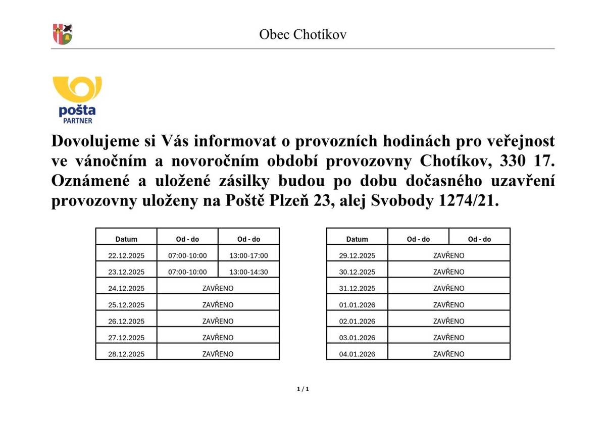 Změna provozních hodin pro veřejnost ve vánočním a novoročním období provozovny Chotíkov, 330 17.
