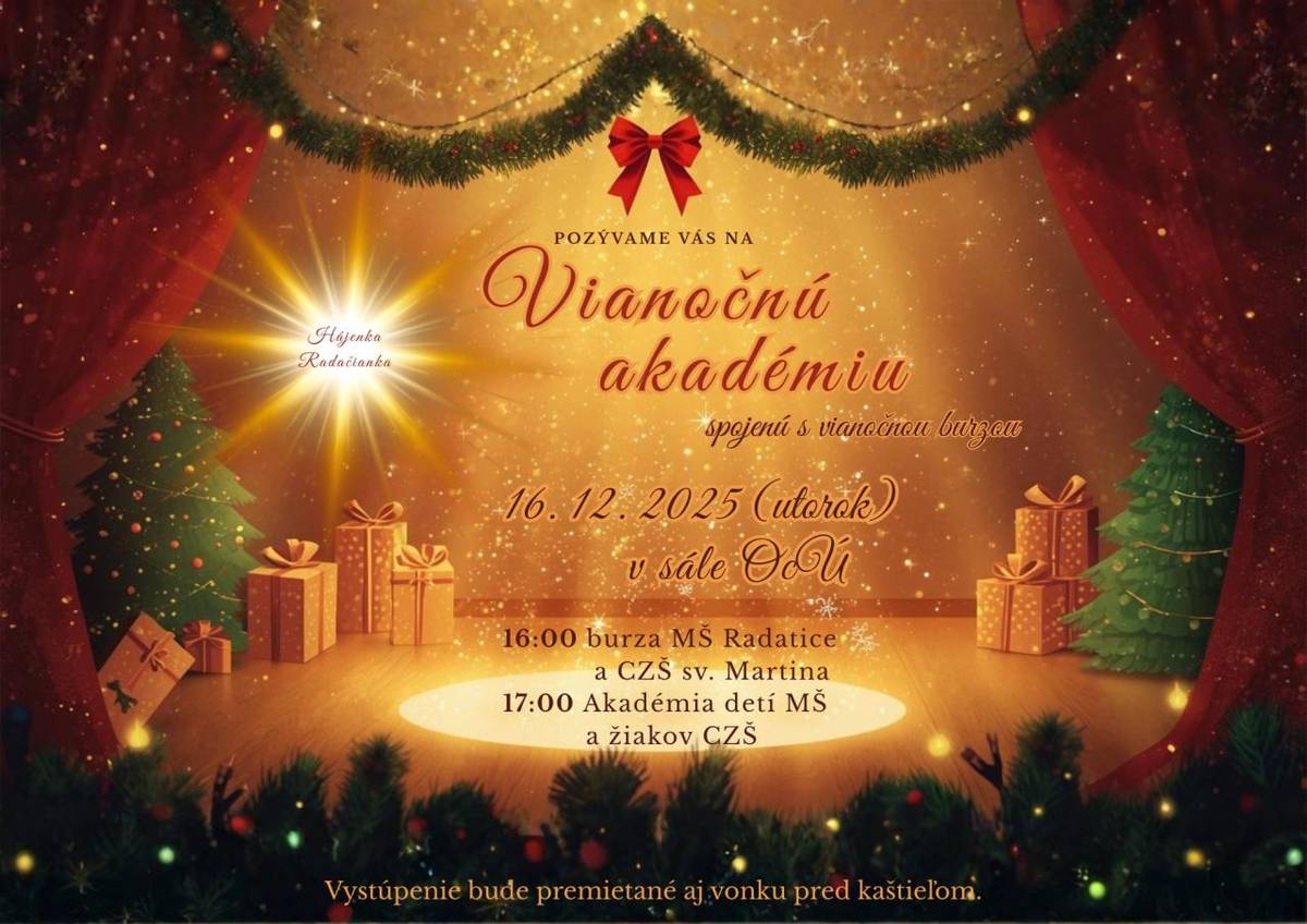 V utorok 16.12. vystúpia v sále kaštieľa deti z Materskej školy a žiaci z Cirkevnej základnej školy sv. Martina. O 16:00 začne burza výrobkov škôlky a školy. O 17:00 nám deti na pódiu rozohrajú vianočné príbehy. Vzhľadom na kapacitu sály budeme vystúpenie prenášať cez projekciu aj pred kaštieľ.