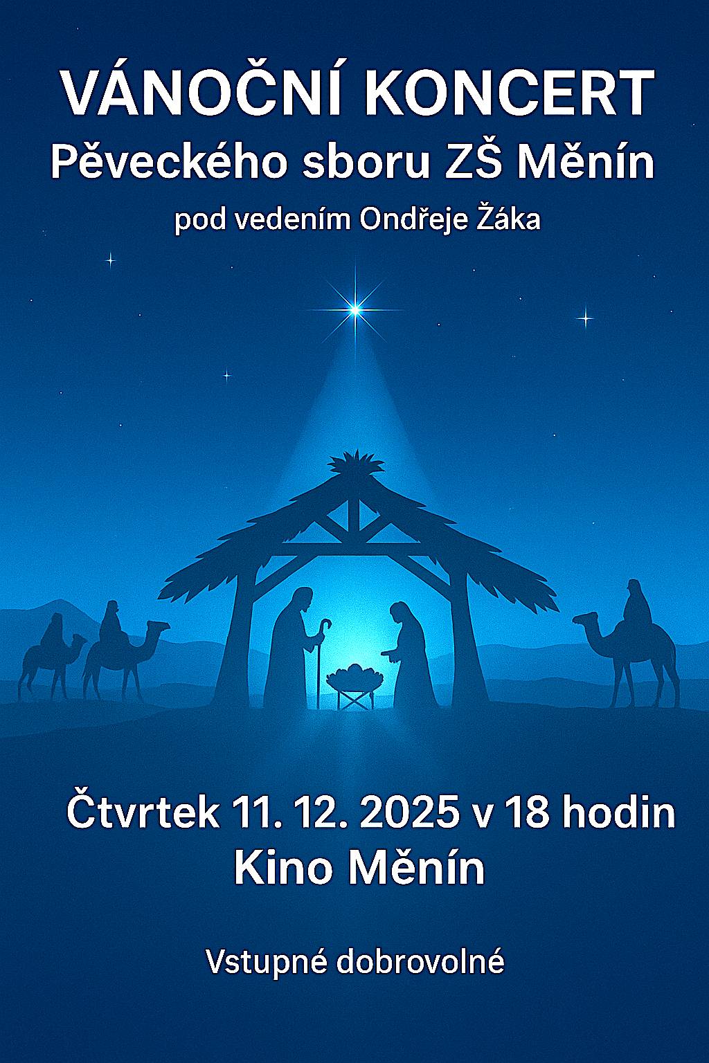 Ve čvrtek 11.12.2025 od 18:00 proběhne Vánoční koncert Pěveckého sboru ZŠ Měnín pod vedením Ondřeje Žáka.
