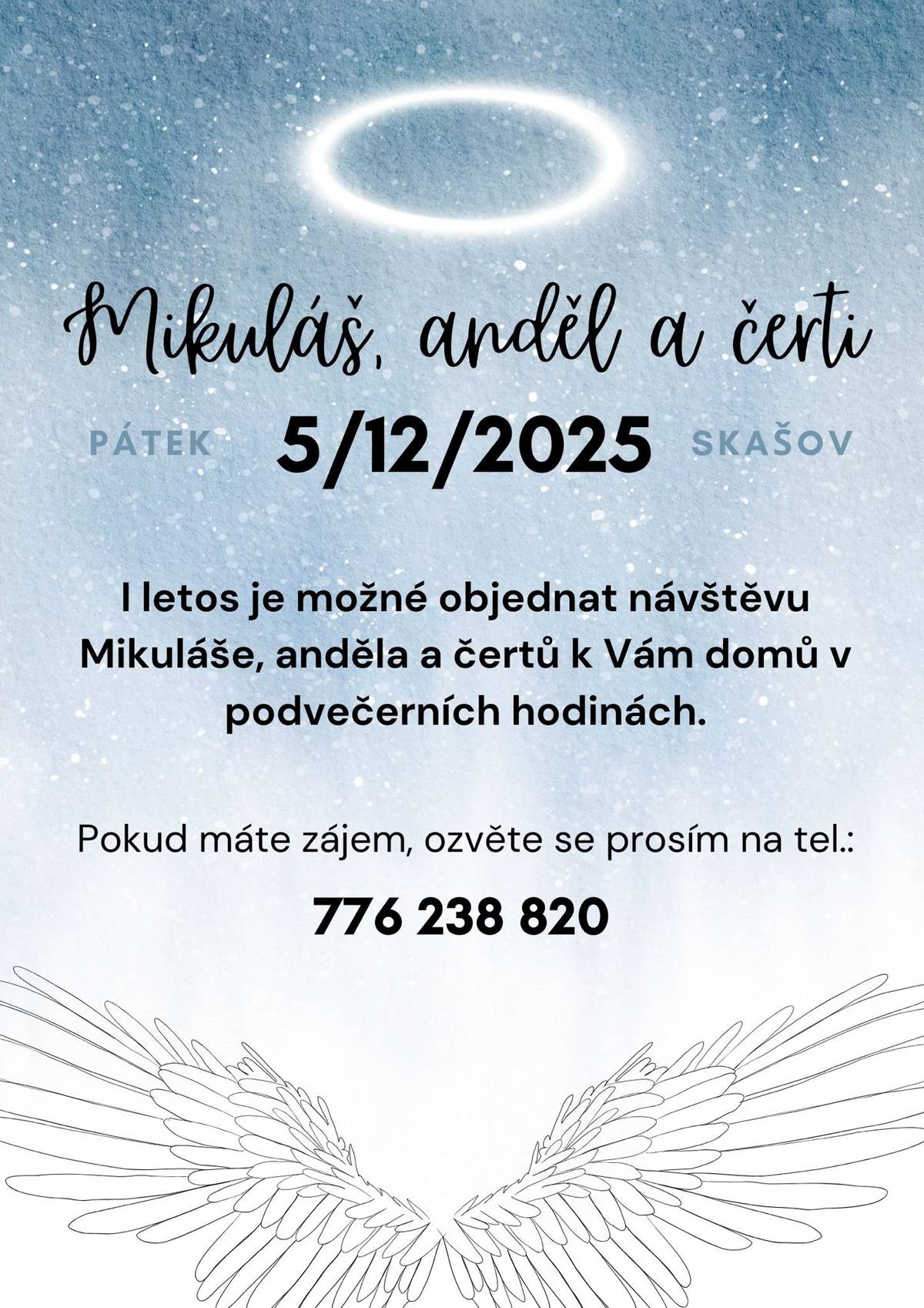 Čerty si na pátek večer 5.12.2025 můžete objednat domů na tel. č. 776 23 88 20