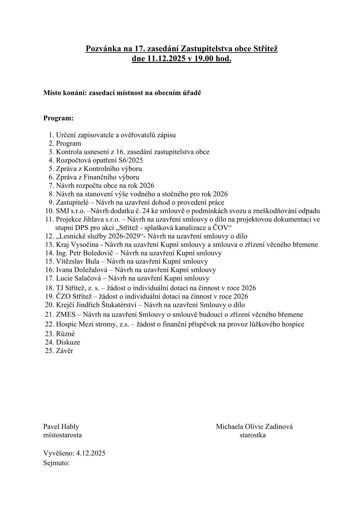a 17. zasedání Zastupitelstva obce Střítež dne 11.12.2025 v 19.00 hod