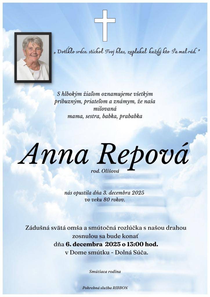 Posledná rozlúčka so zosnulou bude v sobotu 6.12.2025 o 13,00 hodine v Dome smútku v Dolnej Súči.    Smútiacim pozostalým vyslovujeme úprimnú sústrasť.