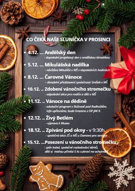 CO ČEKÁ DĚTI MŠ HABROVÁ V PROSINCI?   Spousta akcí ... Andělský den, Mikulášská nadílka, divadelní představení Čarovné Vánoce, Zdobení vánočního stromečku, Posezení u vánočního stromečku a další... Vše najdete přehledně na plakátech jednotlivých tříd.