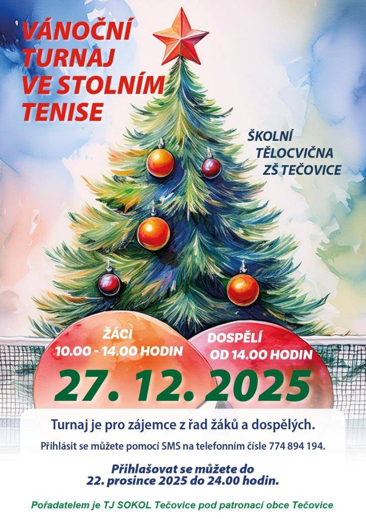 TJ SOKOL Tečovice Vás srdečně zve:  Přihlásit se můžete pomocí SMS na telefonním čísle 774 894 194 a to do 22.12.2025