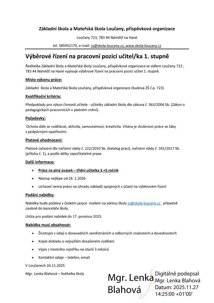 Výběrové řízení na pracovní pozici učitele I. stupně - ZŠ a MŠ Loučany