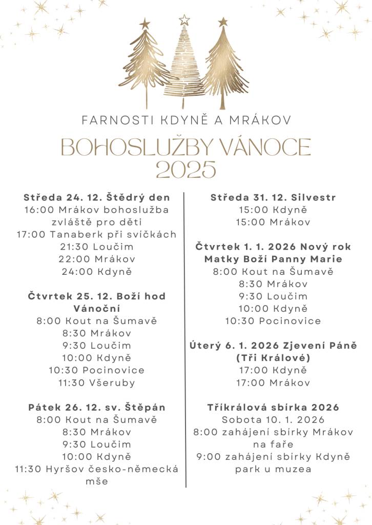 Termíny bohoslužeb o Vánocích 2025 - farnosti Kdyně a Mrákov.