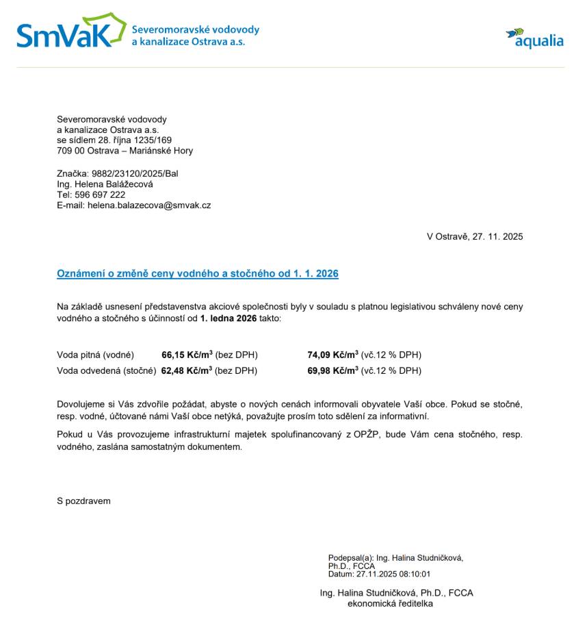 Oznámení o změně ceny vodného a stočného od 1.1.2026