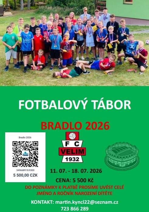 V roce 2026 se uskuteční další ročník letního fotbalového kempu organizovaného FC Velim. Kemp proběhne v krásném prostředí Železných hor od 11. do 18. července v rekreačně-sportovním areálu TESLA Horní Bradlo. Cena za účast je 5 500 Kč a zahrnuje všechny potřebné služby včetně dopravy a stravy.