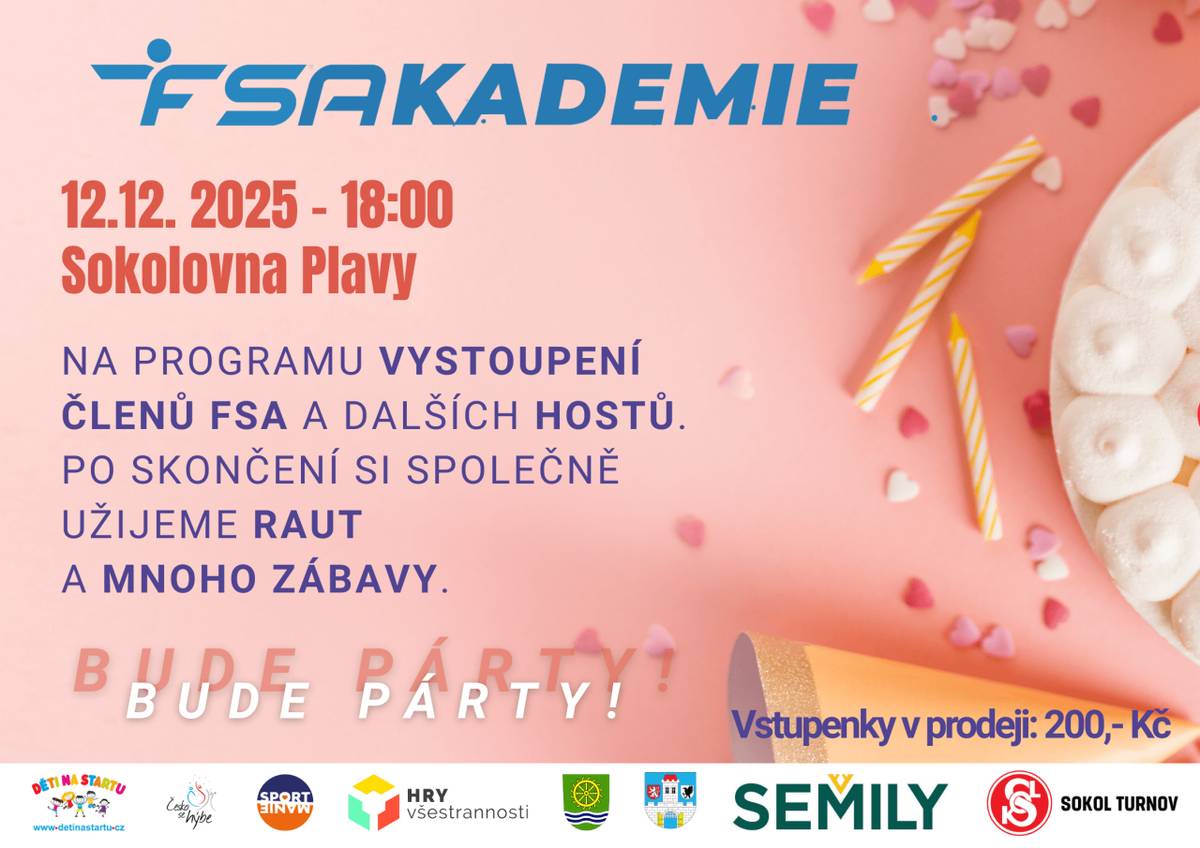 Přijďte na vánoční akademii FSA, která se koná v plavské sokolovně 12.12. od 18 hodin. Během večera se můžete těšit na vystoupení členů FSA a dalších hostů, po kterém si společně užijeme raut a spoustu zábavy. Vstupenky jsou k dispozici za 200 Kč.