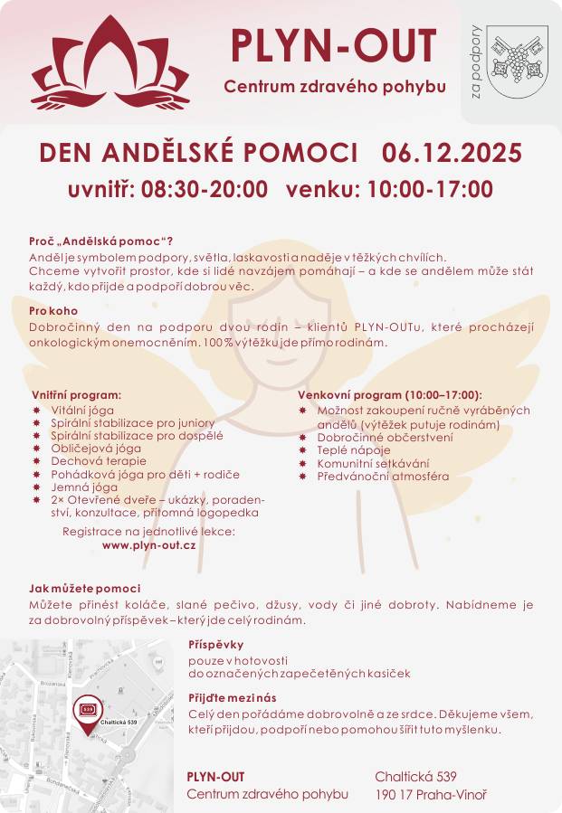 Sobota 6. 12. Den andělské pomoci  Dobročinná akce na podporu dvou rodin. Přijďte si zacvičit. Více o programu viz leták. Vánoční Vinořský šatník  Přijďte si od 9 do 12. Mladoboleslavská 594. Neděle 7. 12. Adventní Koncert Čakomo (komorní sbor Camerata Praha)  od 18:00, kostel Povýšení sv. Kříže. Kinování – Pohádky po babičce  od 16 hodin, vstup 120 Kč, Centrum Mariapoli. Namaluj dárek Předvánoční výtvarná dílna pro děti, od 10 hodin na golfu.