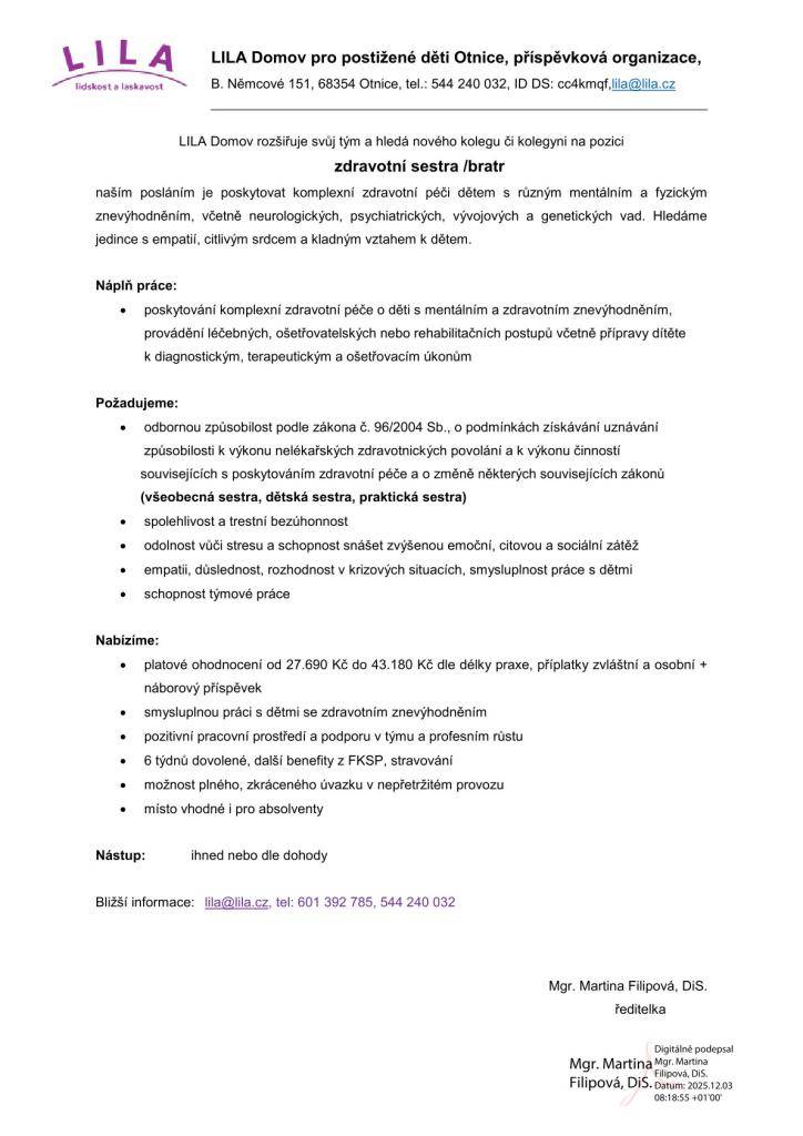 Lila, Domov pro postižené děti, Otnice, hledá zdravotní sestru/bratra.