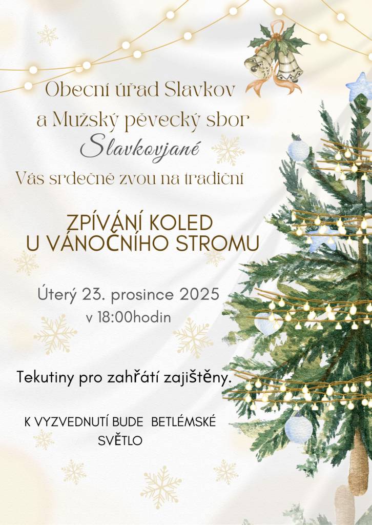 Srdečně vás zveme na tradiční zpívání koled u vánočního stromu s mužským sborem SLAVKOVJANÉ v úterý 23. prosince v 18:00 hodin.