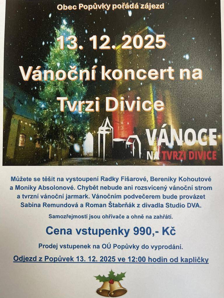 Stále je možnost zakoupení vstupenek na vánoční koncert na Tvrzi Divice.