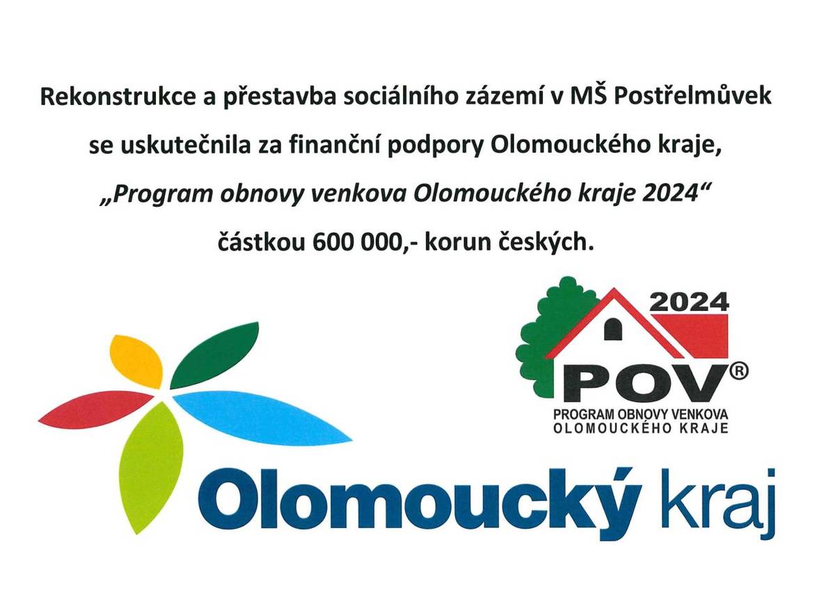 Další fázi obnovy prostor MŠ Postřelmůvek o celkových nákladech 1.333.178,- Kč na akci "Rekonstrukce a přestavba sociálního zázemí v MŠ Postřelmůvek", zahrnující modernizaci umýváren a toalet v přízemí a v 1. patře mateřské školy, finančně podpořil Olomoucký kraj.