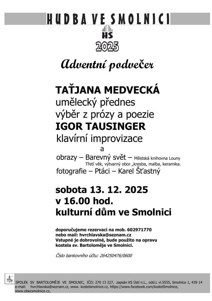 Zveme všechny občany na na adventní podvečer s Taťjanou Medveckou a Igorem Tausingerem - viz letáček.
