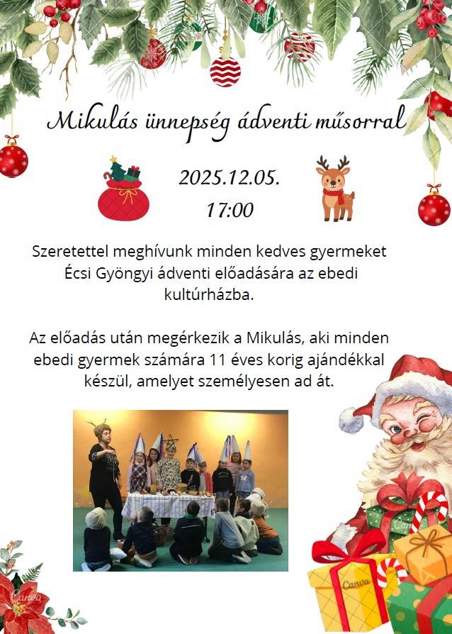 Mikulášska oslava s adventným programom dňa 05.decembra 2025 v kultúrnom dome v Obide