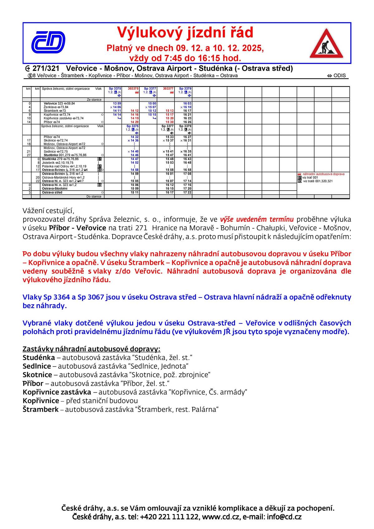 Výlukové jízdní řád 8.12 - 10.12.2025