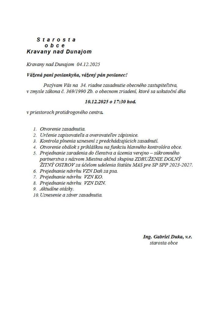Pozvánka na 34. zasadnutie OZ