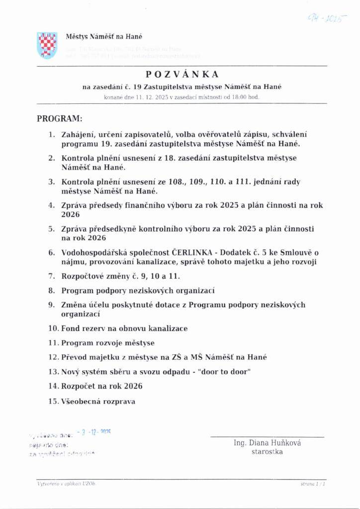 Pozvánka + program na zasedání č.19 ZM Náměšť na Hané konané 11.12.2025