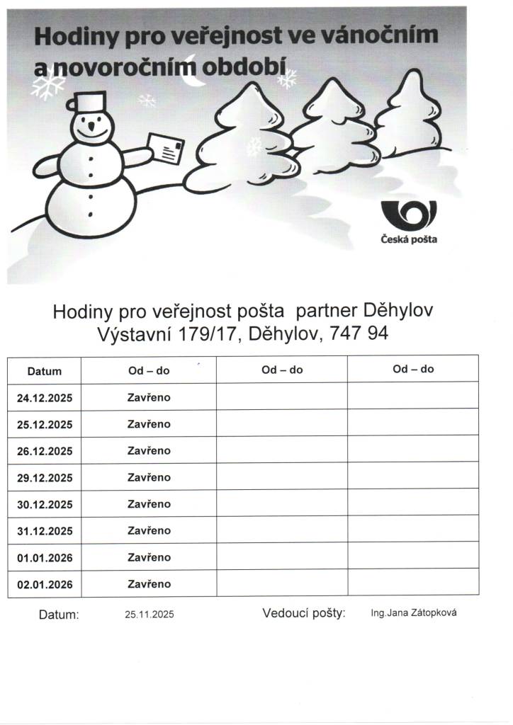 Pošta Partner Děhylov bude dočasně uzavřena od 24.12.2025 do 2.1.2026. Zásilky ,které nebudou vyzvednuty do 23.12.2025 do 11:00 hodin, budou uloženy na poště Hlučín.