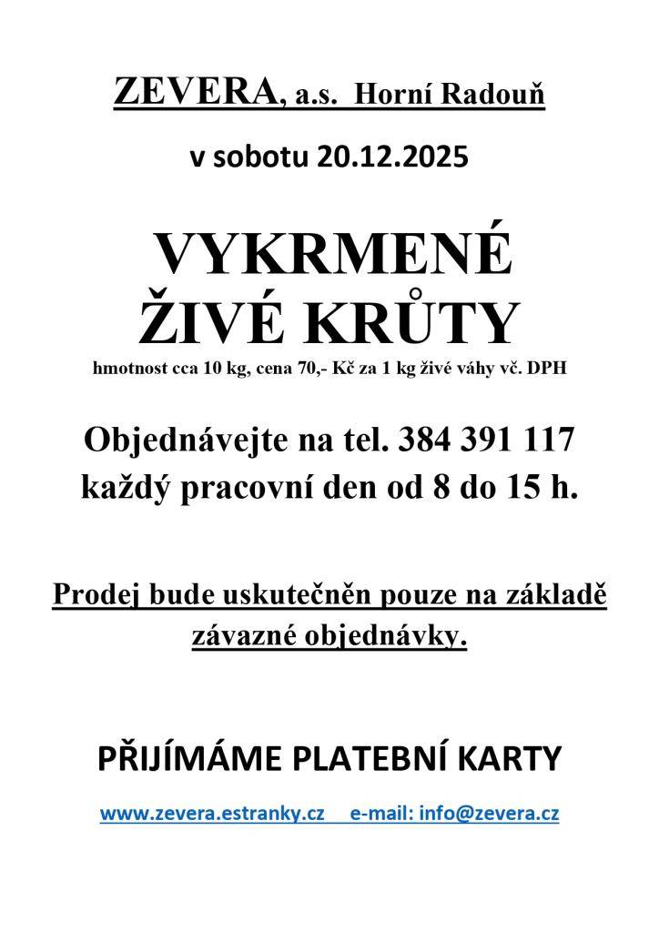 Prodej krůt - Horní Radouň - 20.12.2025 - objednání dopředu na tel: 384  391 117