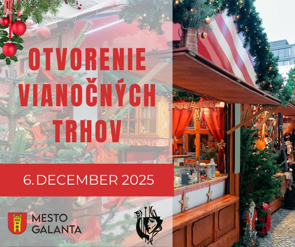 Vianočný víkend v Galante plný programu.   Už tento víkend vás v Galante čakajú dve krásne adventné podujatia, ktoré prinesú radosť, tradície a  sviatočnú atmosféru.  Slávnostné otvorenie Vianočných trhov  6. december 2025 (sobota) o 15:00  na Mierovom námestí.