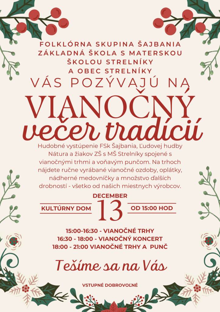 Pozvánka na Vianočný večer tradícií, dňa 13.decembra 2025 so začiatkom o 15,00 hod. v Kultúrnom dome Strelníky.