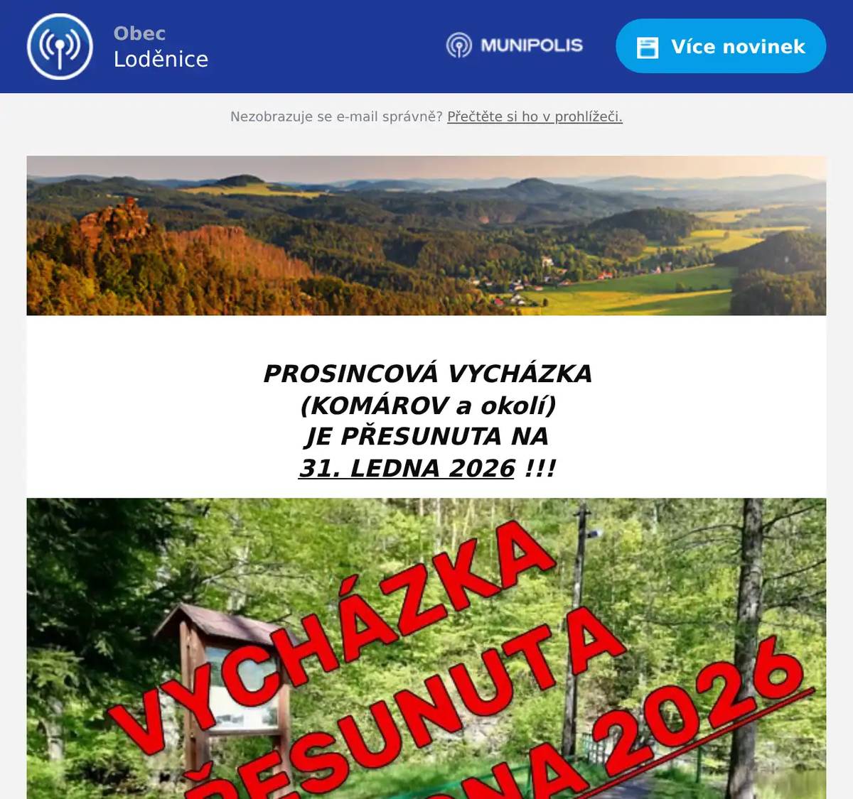  PROSINCOVÁ VYCHÁZKA (KOMÁROV a okolí) JE PŘESUNUTA NA 31. LEDNA 2026 !!!