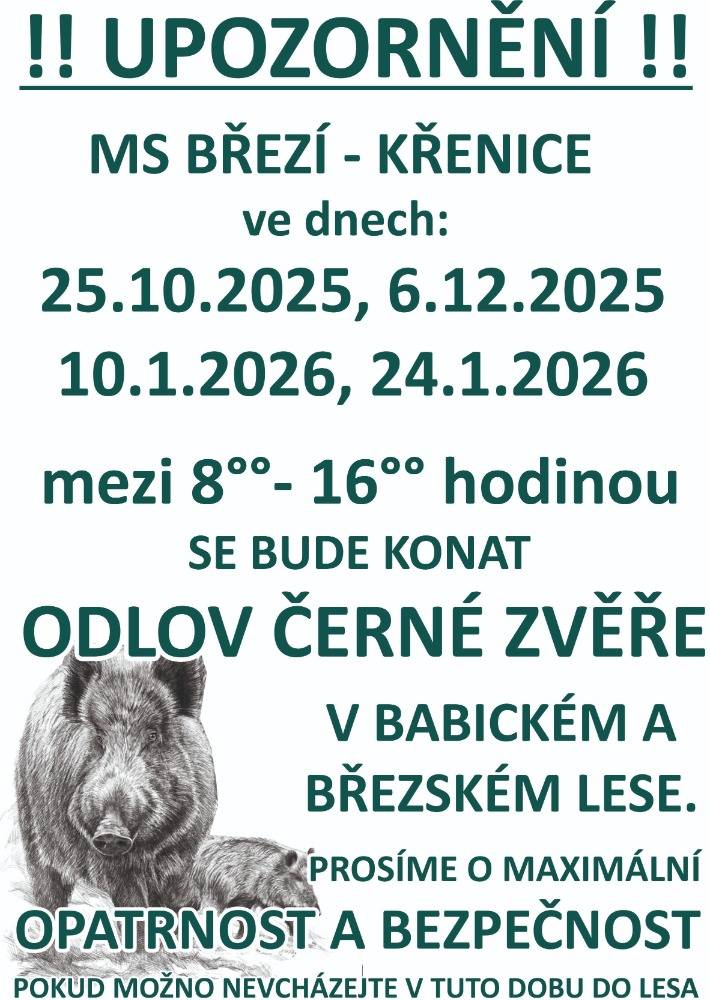 !!UPOZORNĚNÍ!!  Myslivecký spolek Březí - Křenice upozorňuje, že  Ve dnech: 6.12.2025, 10.1.2026 a 24.1.2026  mezi 8:00h - 16:00h se bude konat v Babickém a Březském lese odlov černé zvěře.  Prosíme o maximální opatrnost a bezpečnost.  Pokud možno nevcházejte v tuto dobu do lesa.