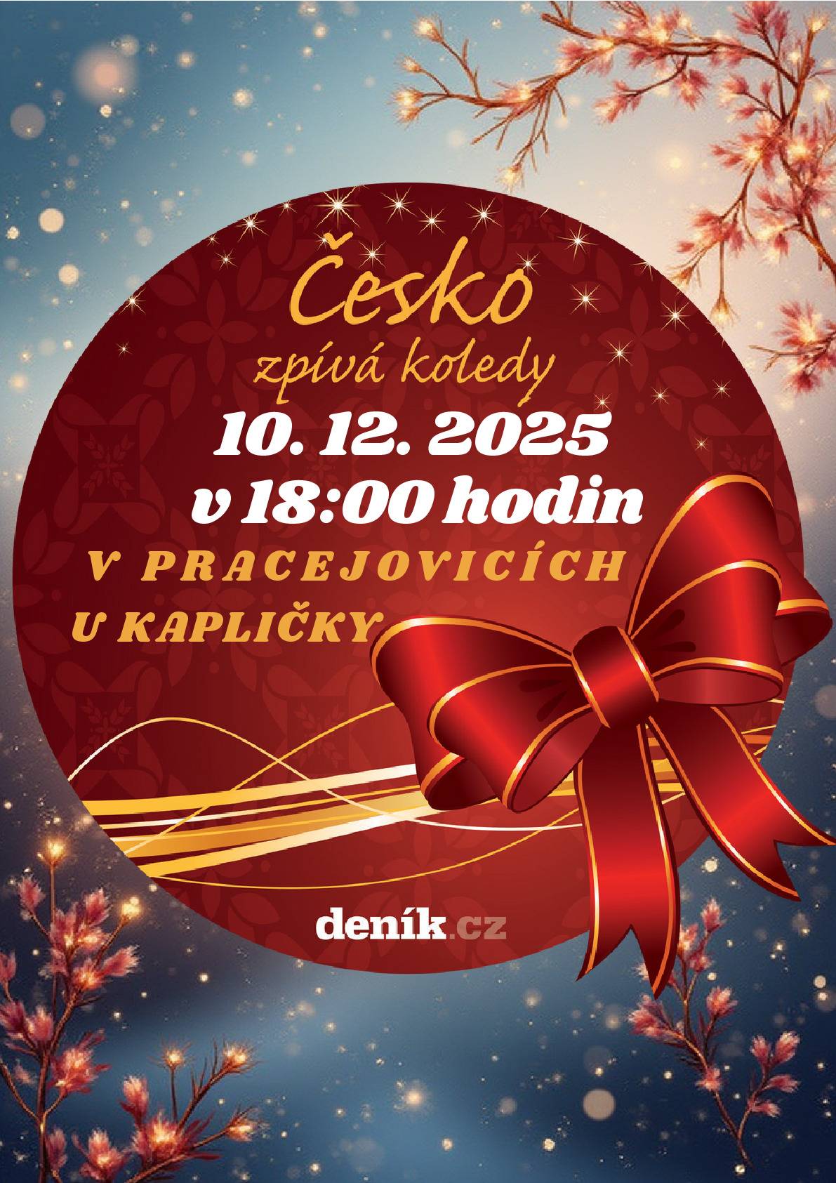 Vážení spoluobčané,  Obecní úřad v Pracejovicích si Vás dovoluje pozvat na již tradiční zpívání koled u kapličky, které se uskutení ve středu 10. prosince od 18.00 hod. Přijďte si společně užít předvánoční atmosféru, zazpívat oblíbené koledy a naladit se na sváteční čas.  Samozřejmě nebude chybět něco teplého do bříška a to jak pro dospěle, tak pro děti.