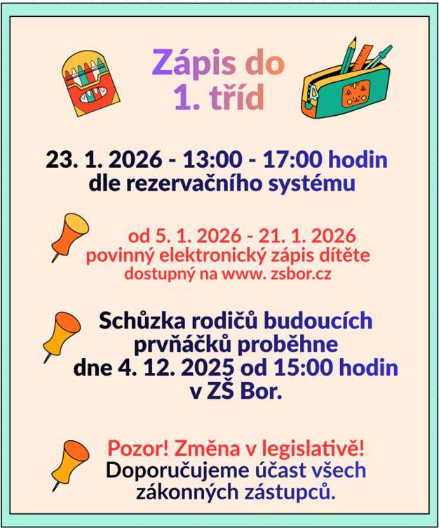 Informace k zápisu dětí do 1. třídy ZŠ Bor.