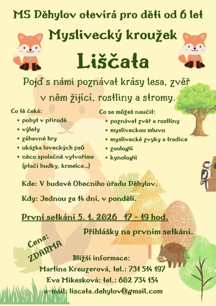 MS Děhylov otevírá pro děti od 6 let myslivecký kroužek Liščata