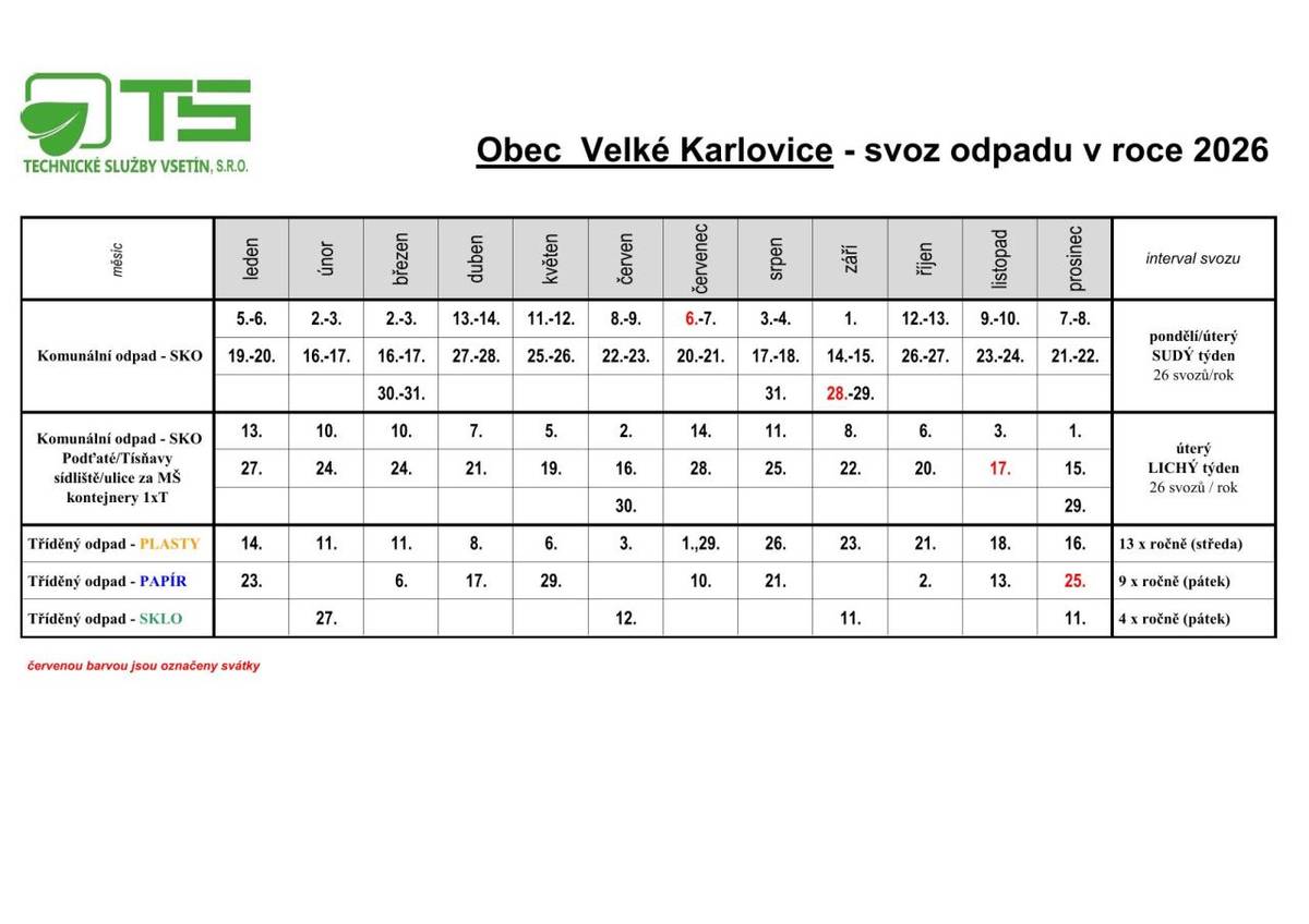 V tabulce naleznete plán svozu odpadu pro naší obec v roce 2026.
