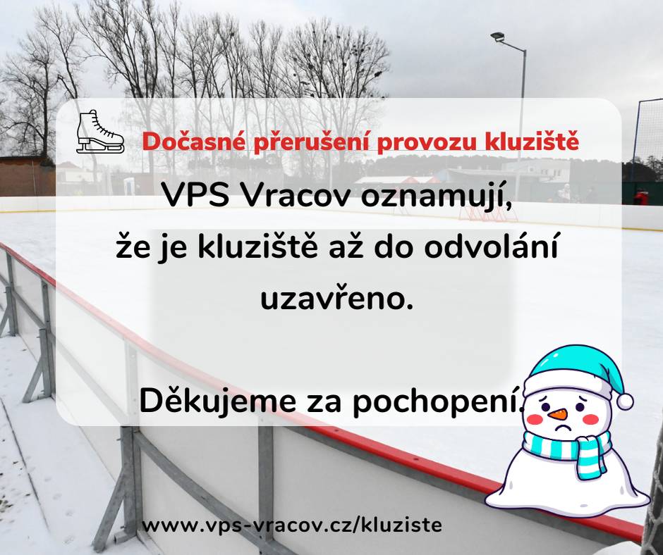 Ačkoliv je v kalendáři prosinec 🗓️, počasí připomíná spíše polovinu listopadu. 🌧️ Dešťové přeháňky a teploty výrazně nad bodem mrazu (nad 0°C) bohužel bruslení nepřejí. 🧊❌ VPS Vracov proto oznamují, že je kluziště až do odvolání uzavřeno. 🛑 Věříme, že se počasí brzy umoudří a opět si budeme moci společně zabruslit. 🙏 O znovuotevření vás budeme včas informovat. 🔔 Děkujeme za pochopení. 👍